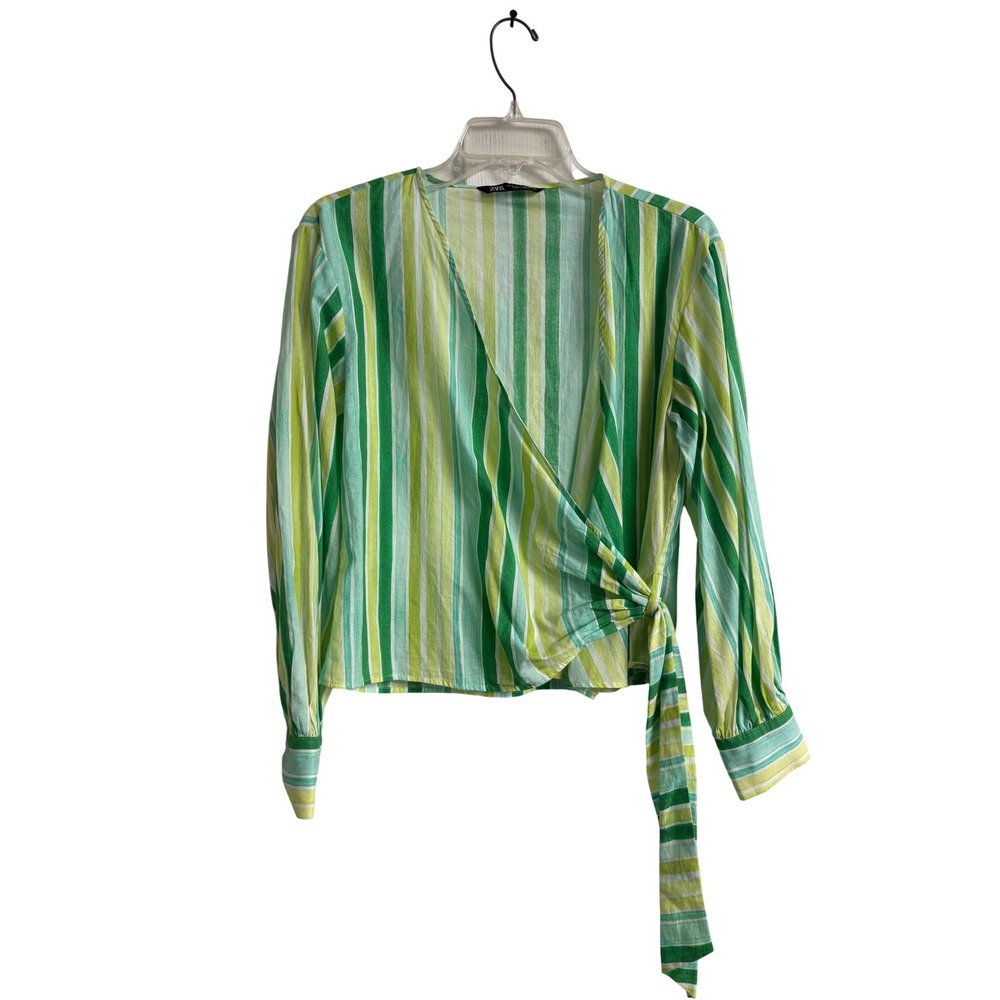 Zara Womens Green Striped Wrap Blouse Long Sleeve V-Neck Side Tie Top Size S